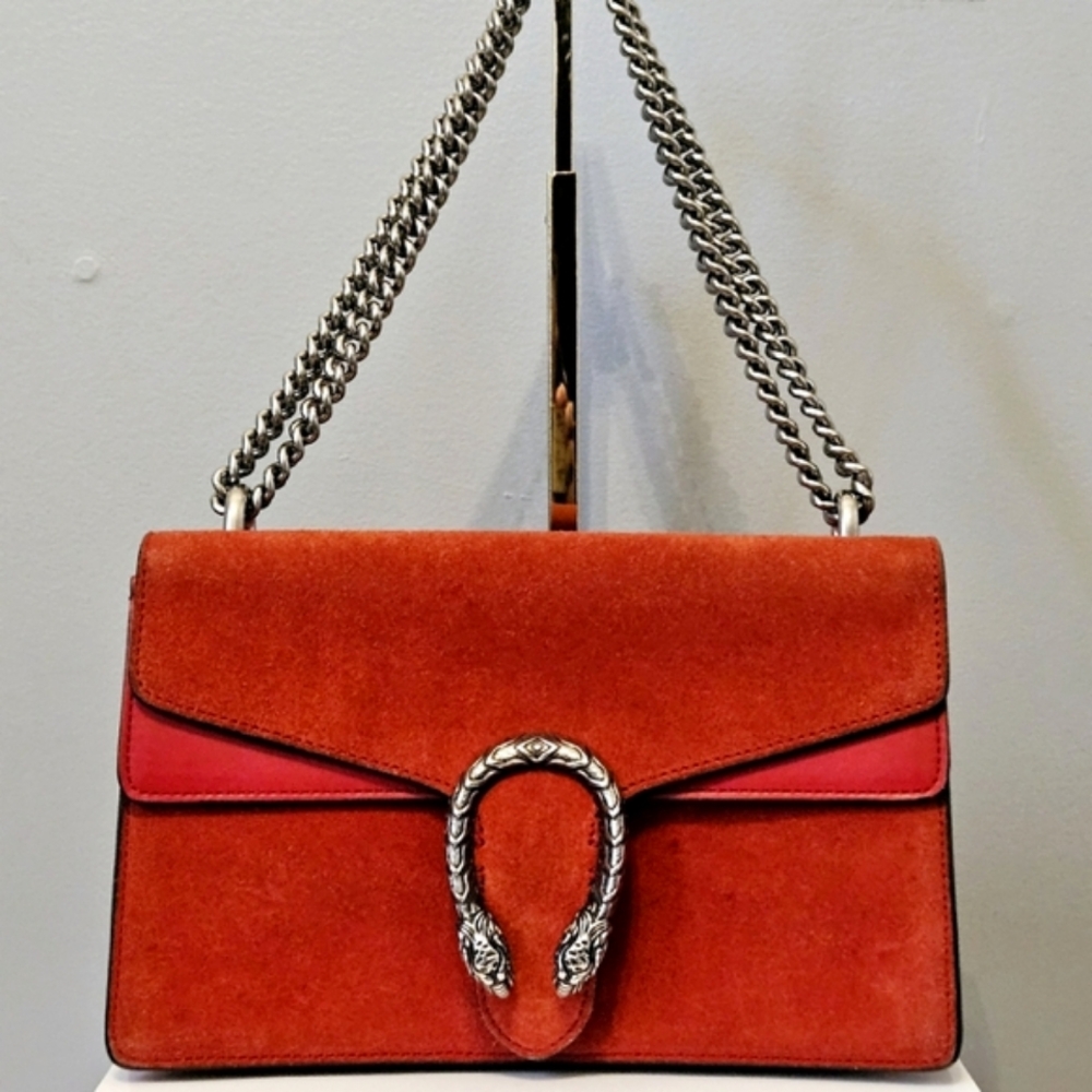 Gucci Red Suede Shoulder Bag with Silver Accents